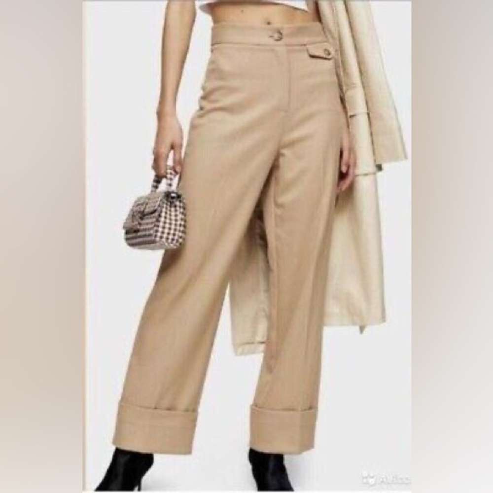 Topshop Khaki/Beige High Waisted Wide Leg Pant - Size 8